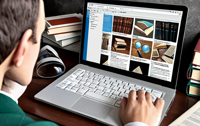 ** A person using a laptop surrounded by books and academic journals, with a magnifying glass hovering over the screen, symbolizing fact-checking and source analysis. Focus on the atmosphere of research and critical thinking.
**